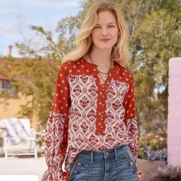 Sundance Bohemian Blouse Long Puff Sleeve Western Orange & Purple Cotton Size S - Picture 8 of 8